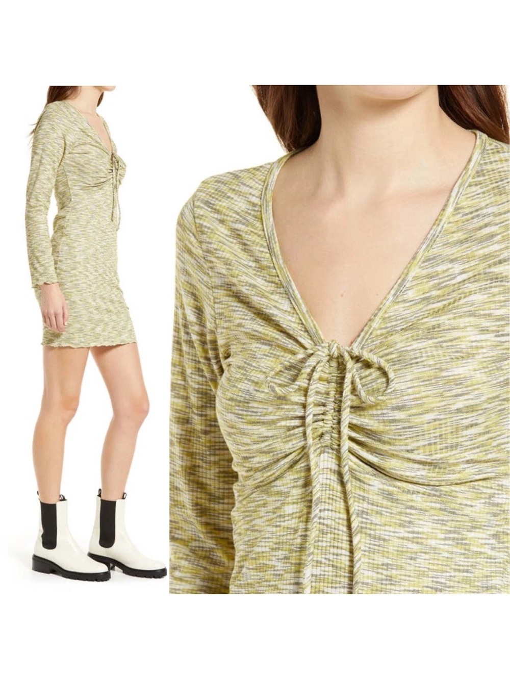 Lisa Says Gah Lotta Long Sleeve Honeydew Tie-Front Ribbed Mini Dress - Picture 2 of 6
